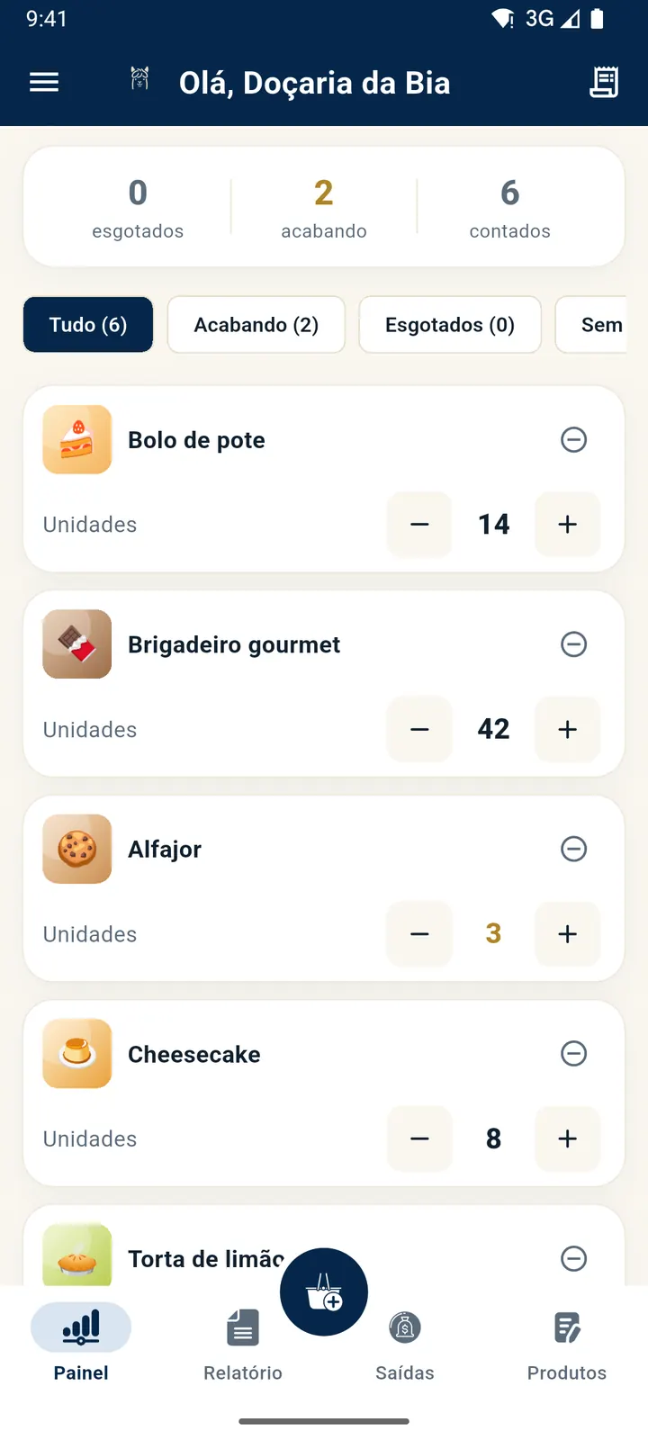Tela de estoque com o contador de unidades de cada produto e os filtros de acabando e esgotados