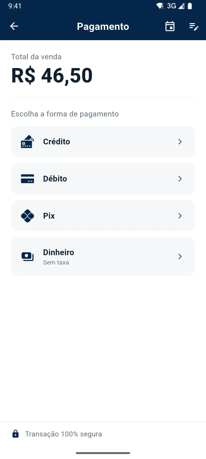 Tela de pagamento com as opções crédito, débito, Pix e dinheiro