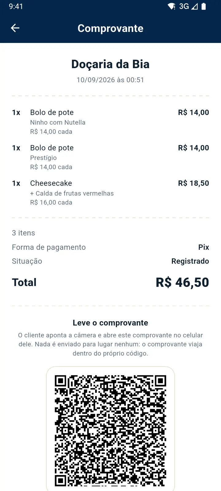 Comprovante da venda com os itens, o total e um QR code para o cliente levar