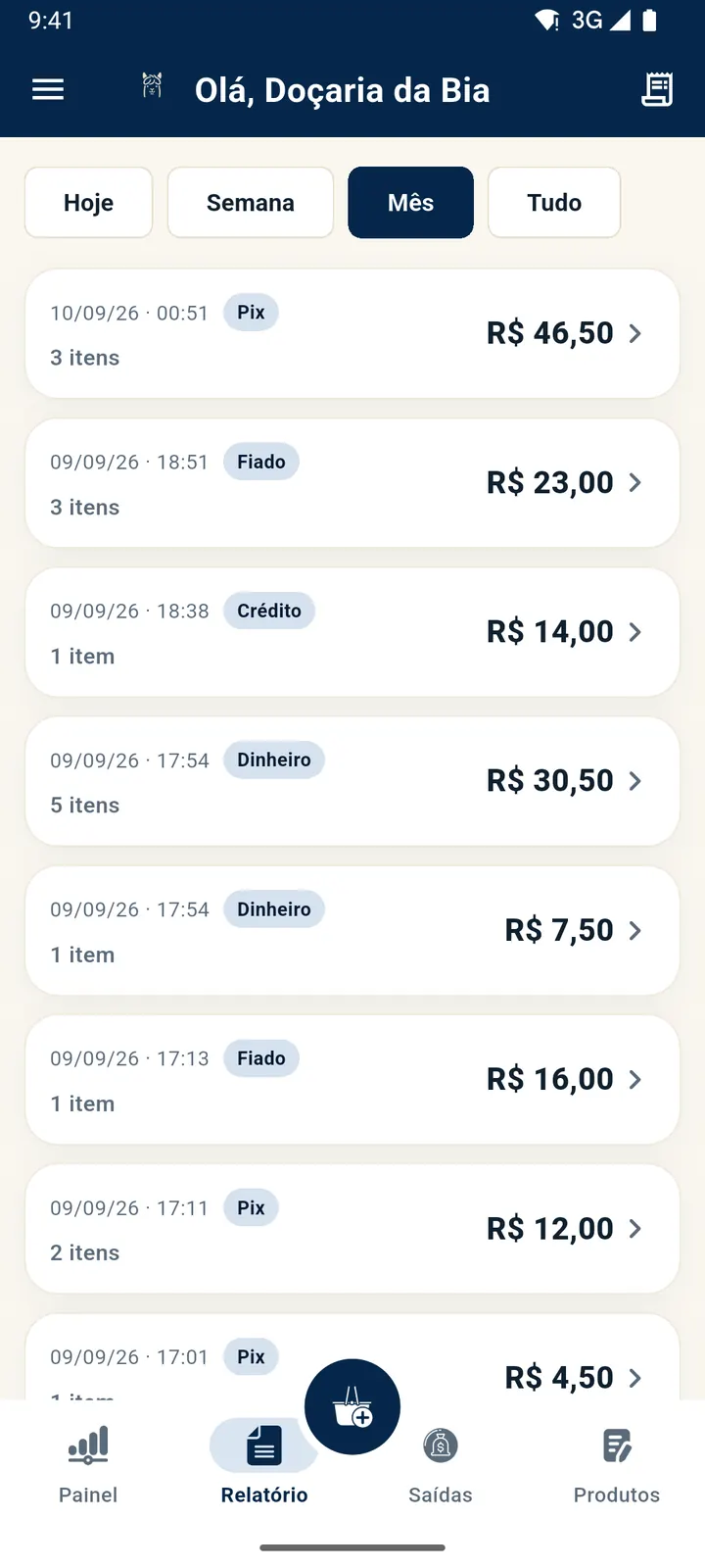 Lista do relatório com as vendas do mês, cada uma com horário, forma de pagamento e total