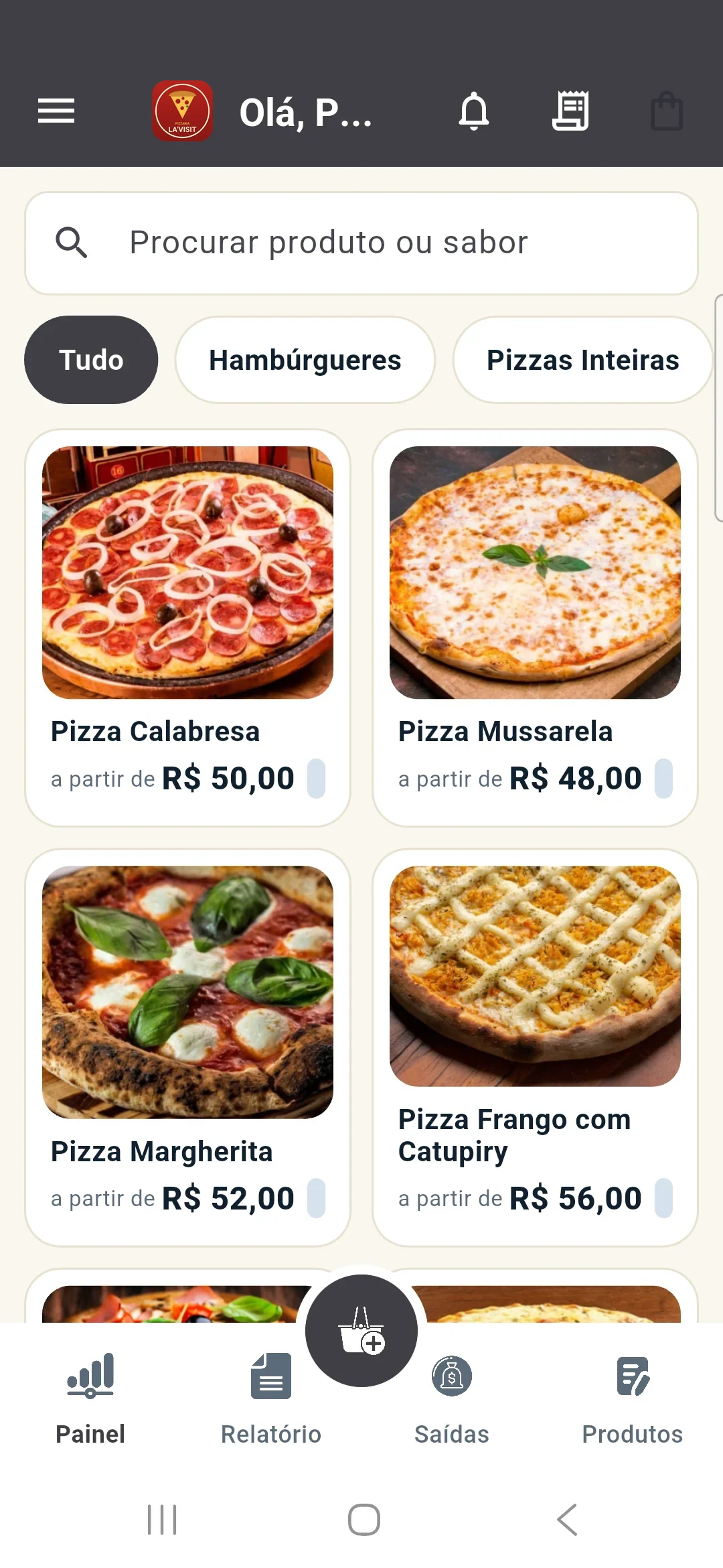 App do Lhama no celular: cardápio da pizzaria em cartões com foto e preço