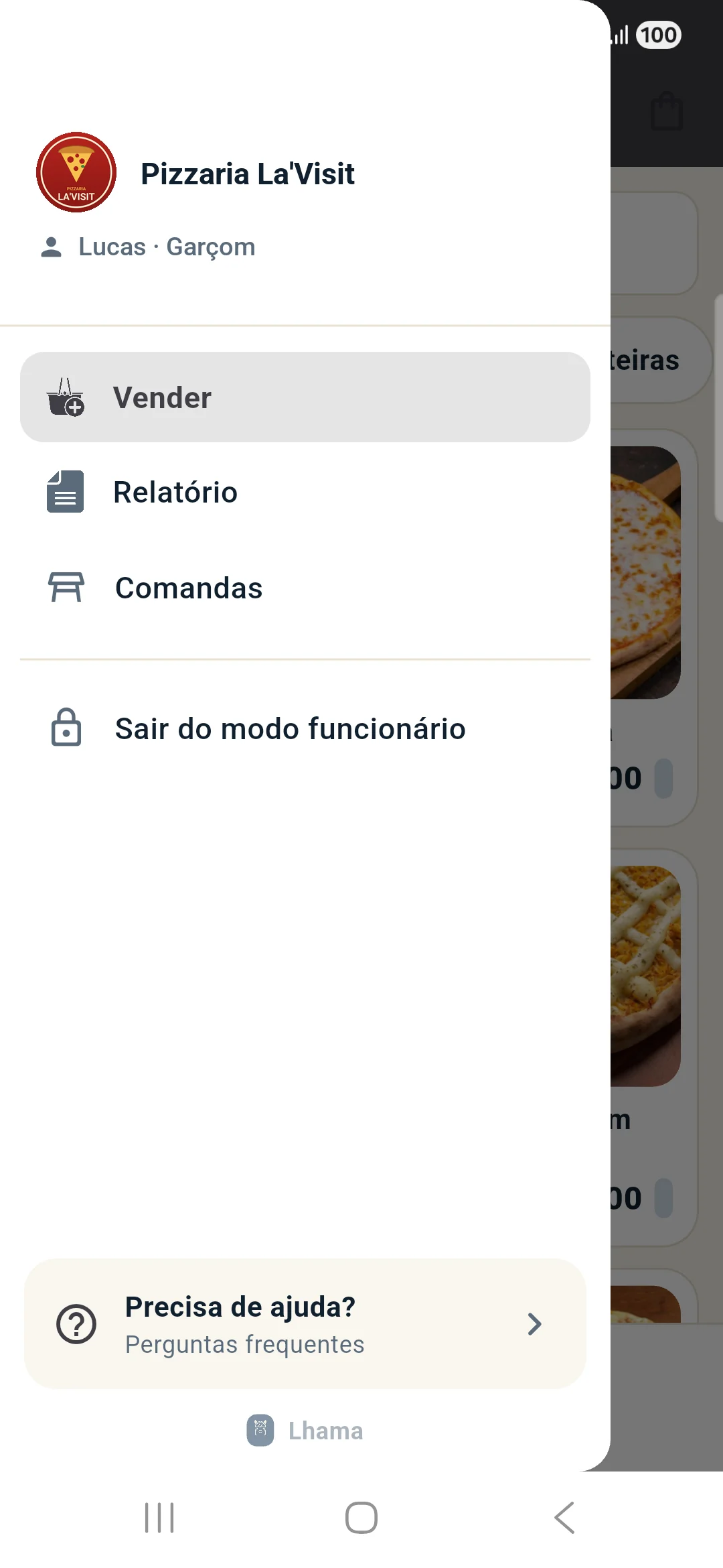 O app no celular de um garçom: vender, relatório e comandas — sem painel, saídas nem produtos